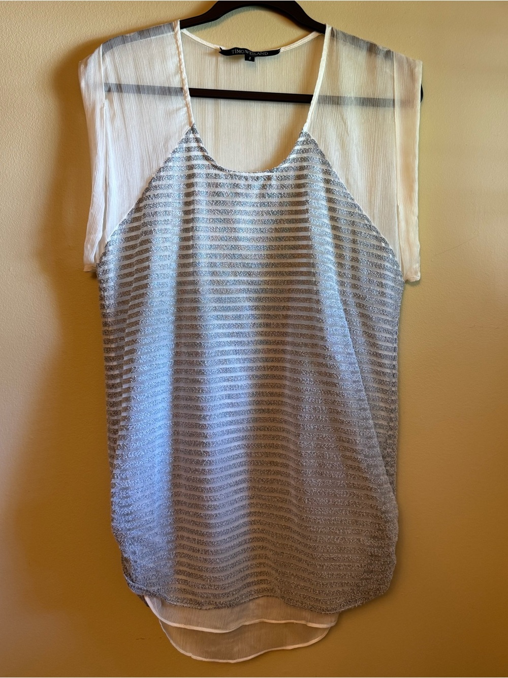 Timo Weiland Silver-Striped Sheer Ivory Sleeve Top